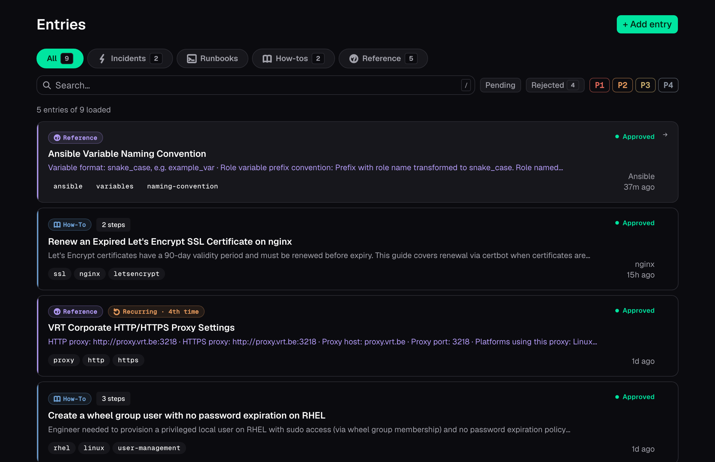 Stackbridge Entries list showing real structured knowledge — how-tos, reference facts, and incidents, each tagged and searchable
