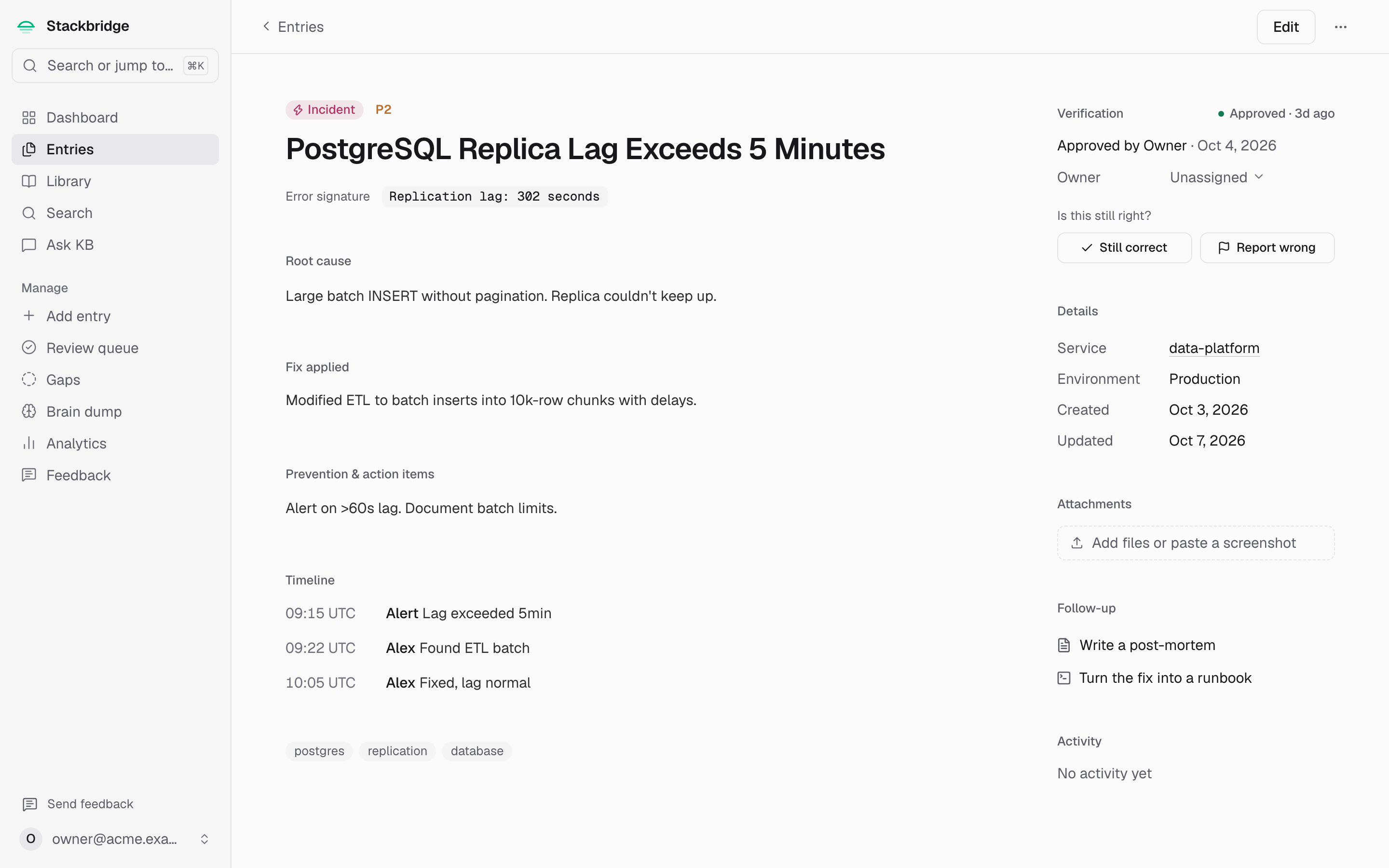 The Stackbridge incident entry PostgreSQL Replica Lag Exceeds 5 Minutes: its error signature, root cause, the fix applied, prevention and a timeline, beside a panel showing it was approved, by whom and when.
